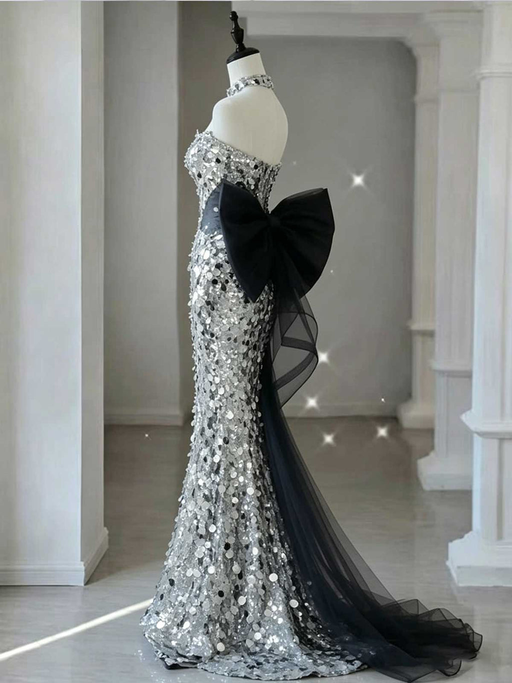 Silver Strapless Sequin Mermaid Evening Gown with Oversized Bow