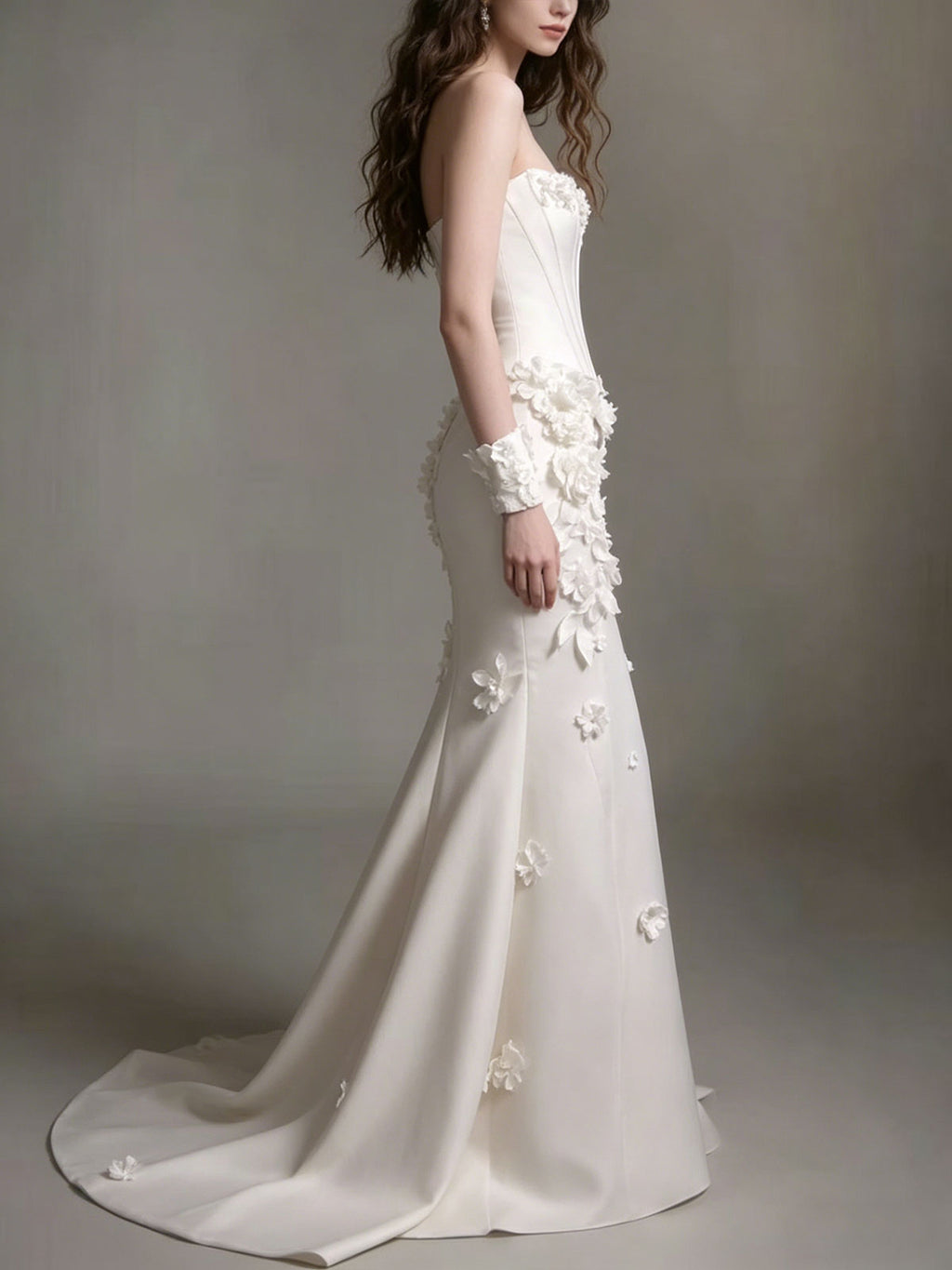 Ivory 3D Floral Strapless Satin Mermaid Wedding Dress with Gloves