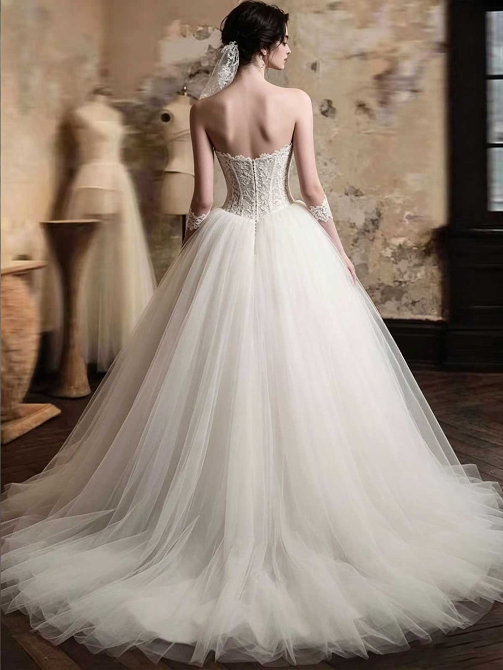Ivory Lace Strapless Tulle Ball Gown Wedding Dress with Long Gloves