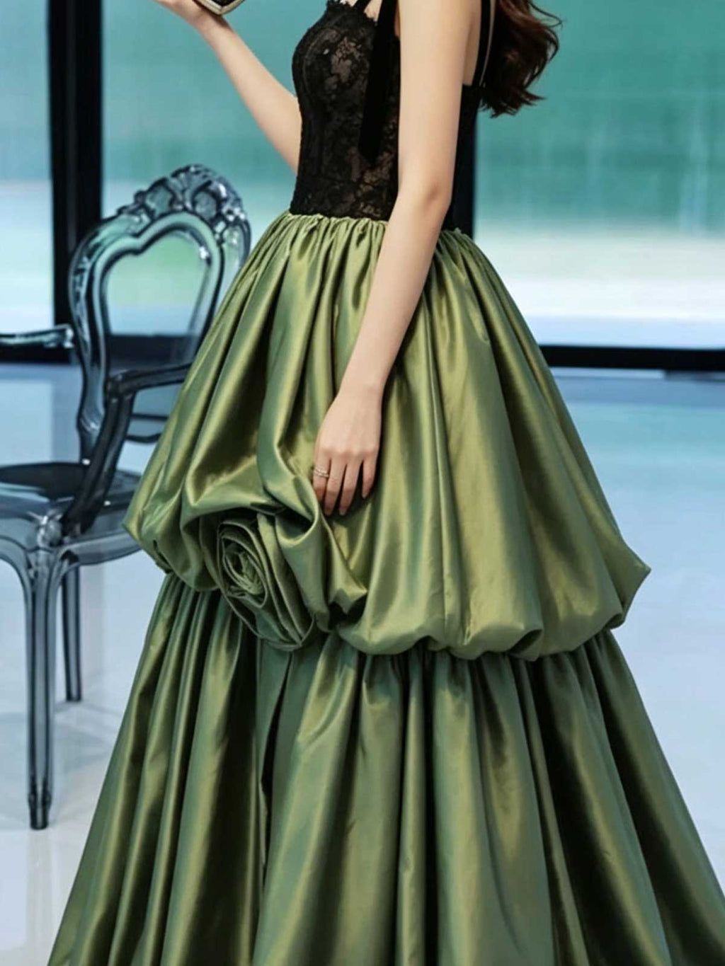 Black Lace Top & Green Satin Skirt Two-Piece Evening Gown