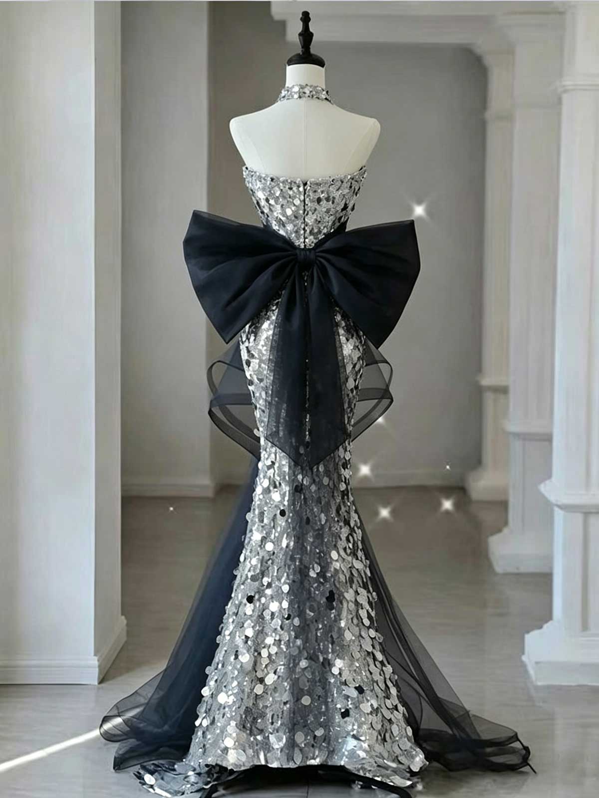 Silver Strapless Sequin Mermaid Evening Gown with Oversized Bow