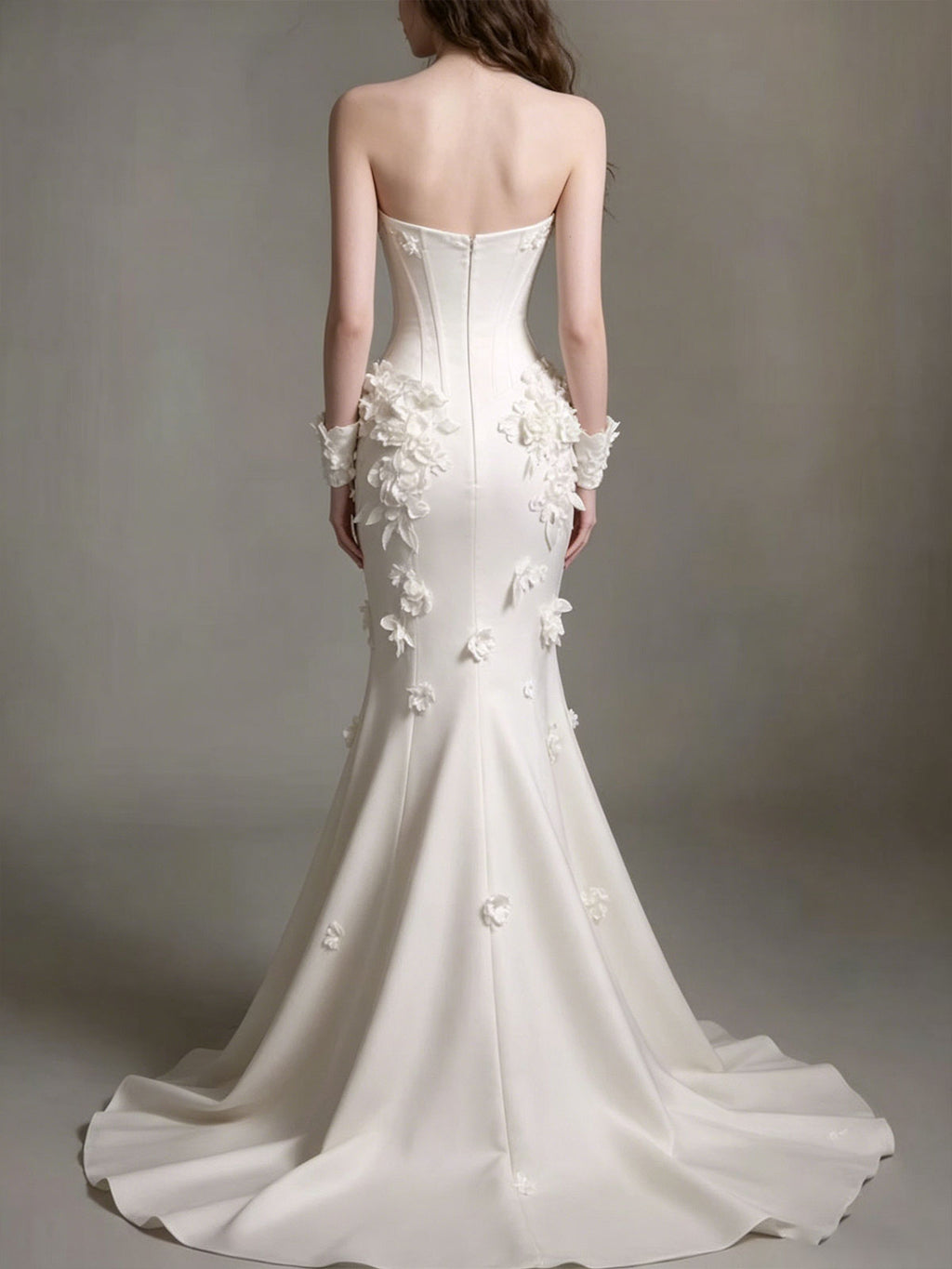 Ivory 3D Floral Strapless Satin Mermaid Wedding Dress with Gloves