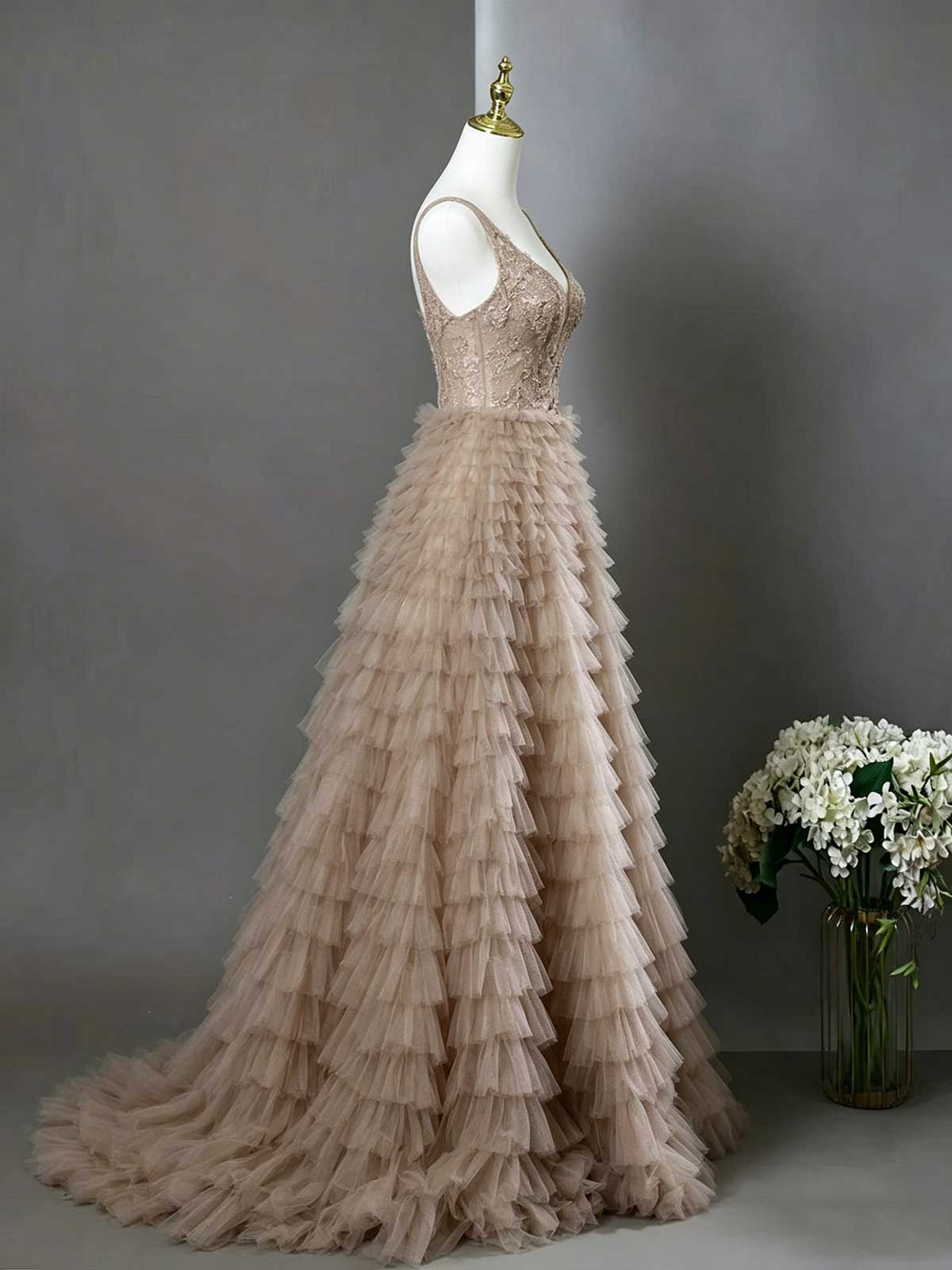 Blush Nude V-Neck Sequin Tiered Tulle Ball Gown with Train
