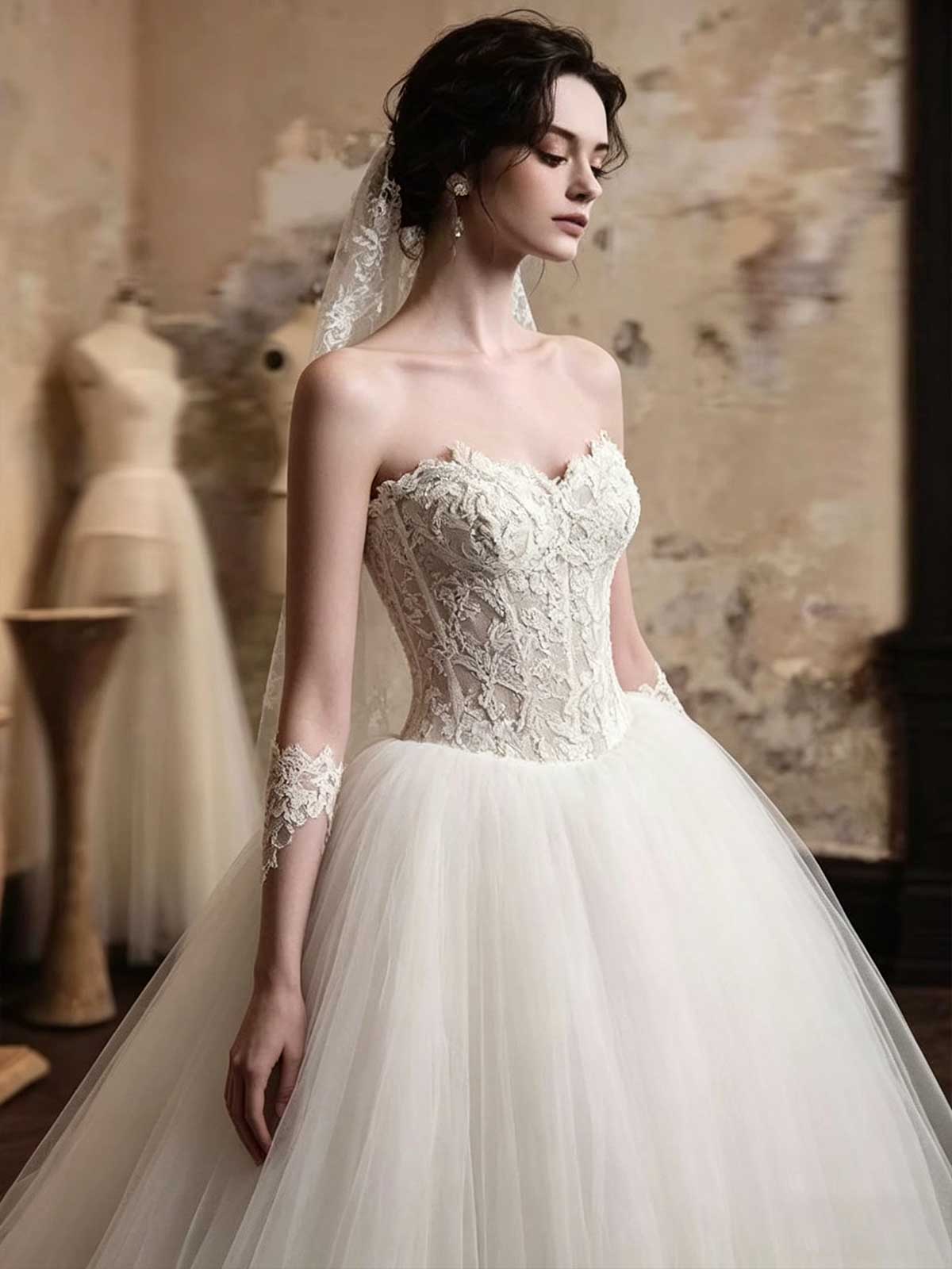 Ivory Lace Strapless Tulle Ball Gown Wedding Dress with Long Gloves