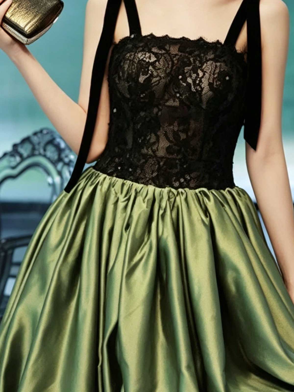 Black Lace Top & Green Satin Skirt Two-Piece Evening Gown