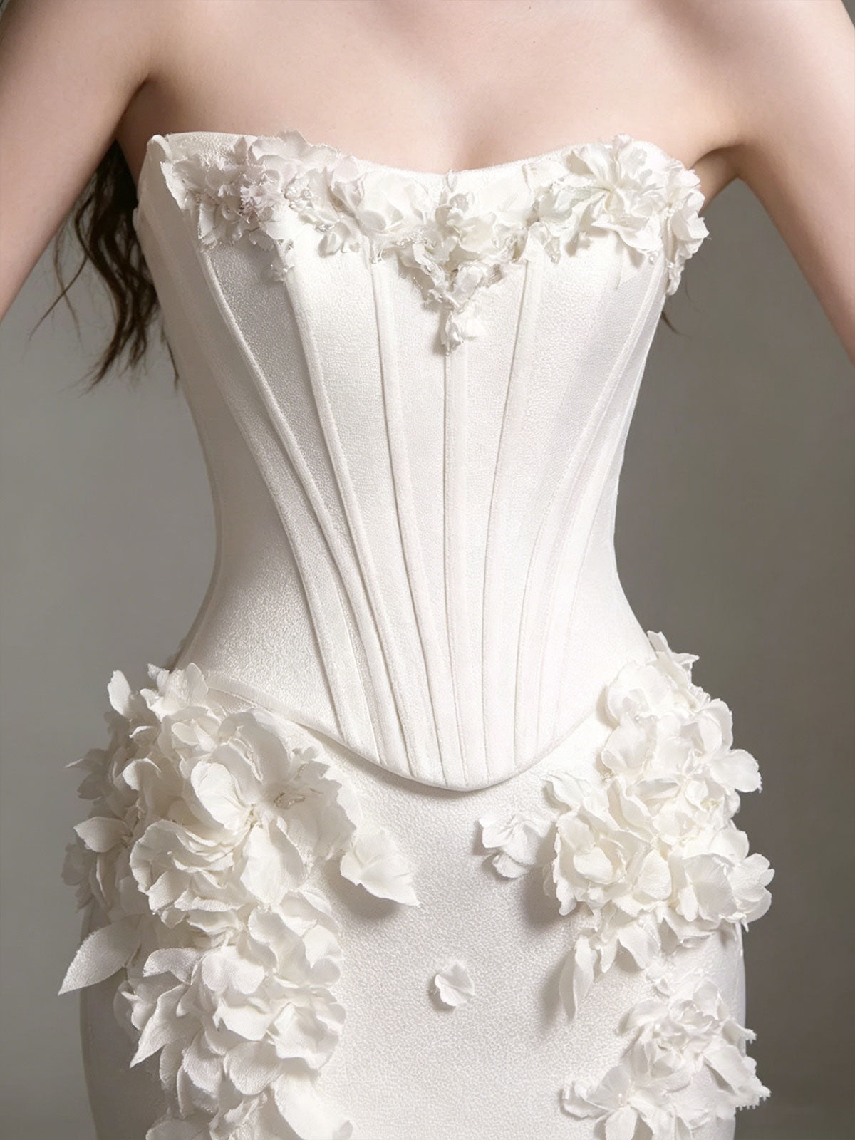Ivory 3D Floral Strapless Satin Mermaid Wedding Dress with Gloves