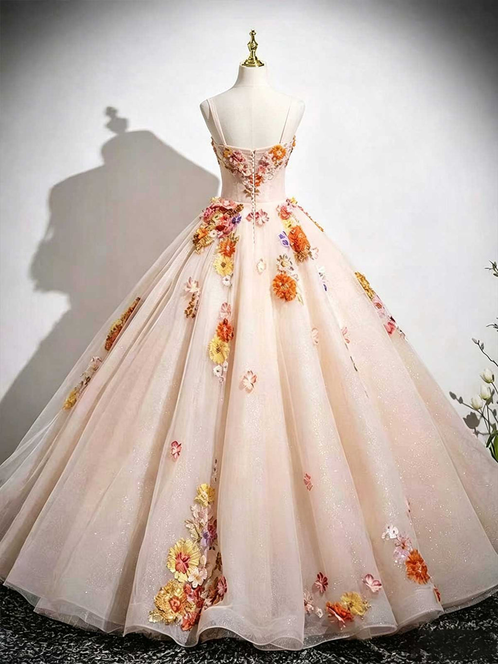 Peach Blush Strapless Ball Gown with 3D Floral Appliqués & Glitter Tulle