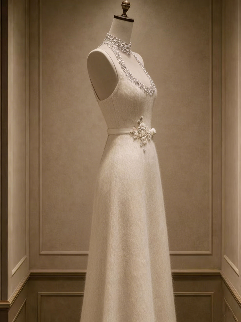 Elegant Halter Neck Gown with Crystal Embellishments & Fuzzy Textured Skirt