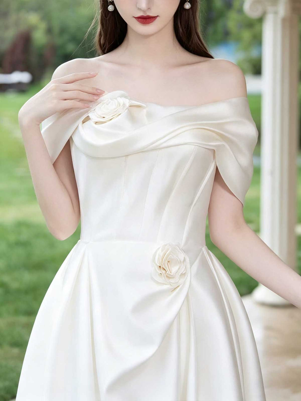 Ivory Satin Off-the-Shoulder A-Line Wedding Dress with 3D Floral
