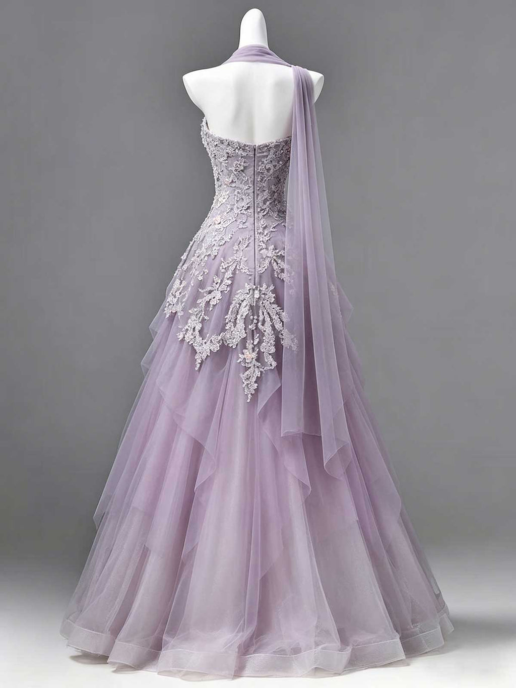 Lavender Purple Strapless 3D Floral Lace Tulle Ball Gown with Sheer Shawl