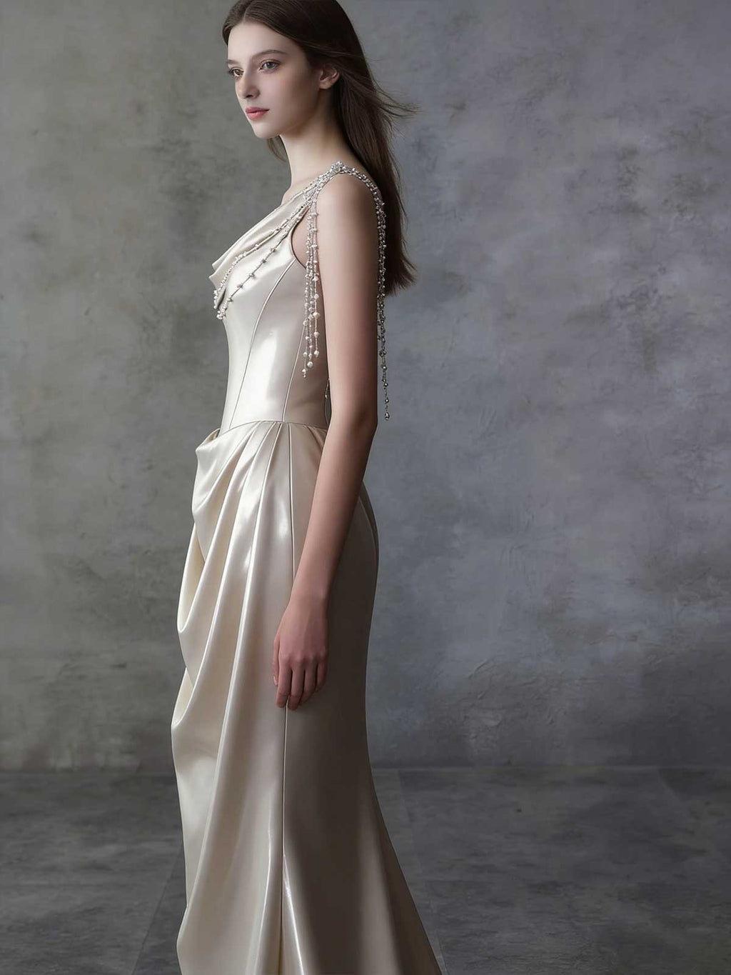 Elegant Champagne Satin Evening Gown with Pearl Drapery