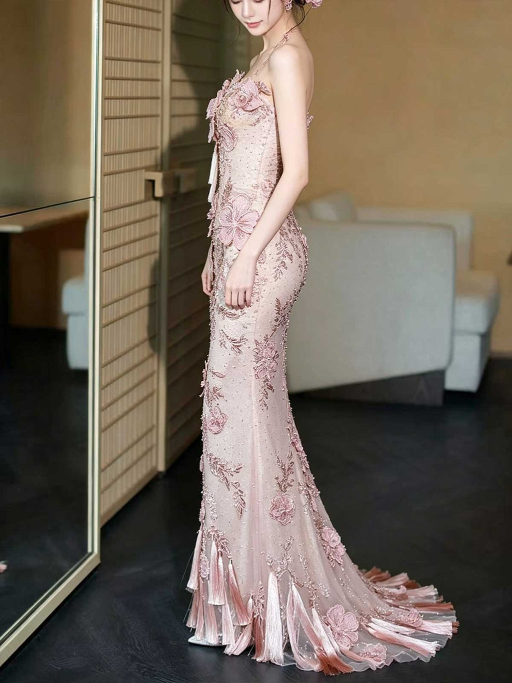 Blush Pink Strapless 3D Floral Mermaid Evening Gown with Tassels