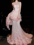 Blush Pink Strapless Gown with 3D Floral Appliqué & Sheer Tulle Skirt