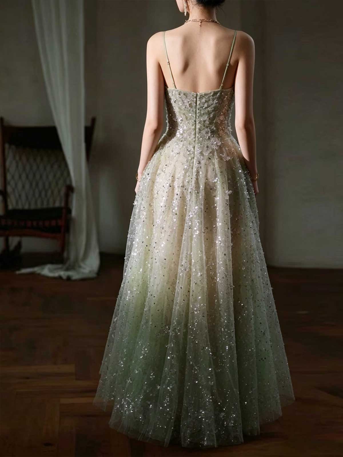 Mint Green Gradient 3D Floral Sequin Spaghetti Strap A-Line Evening Gown