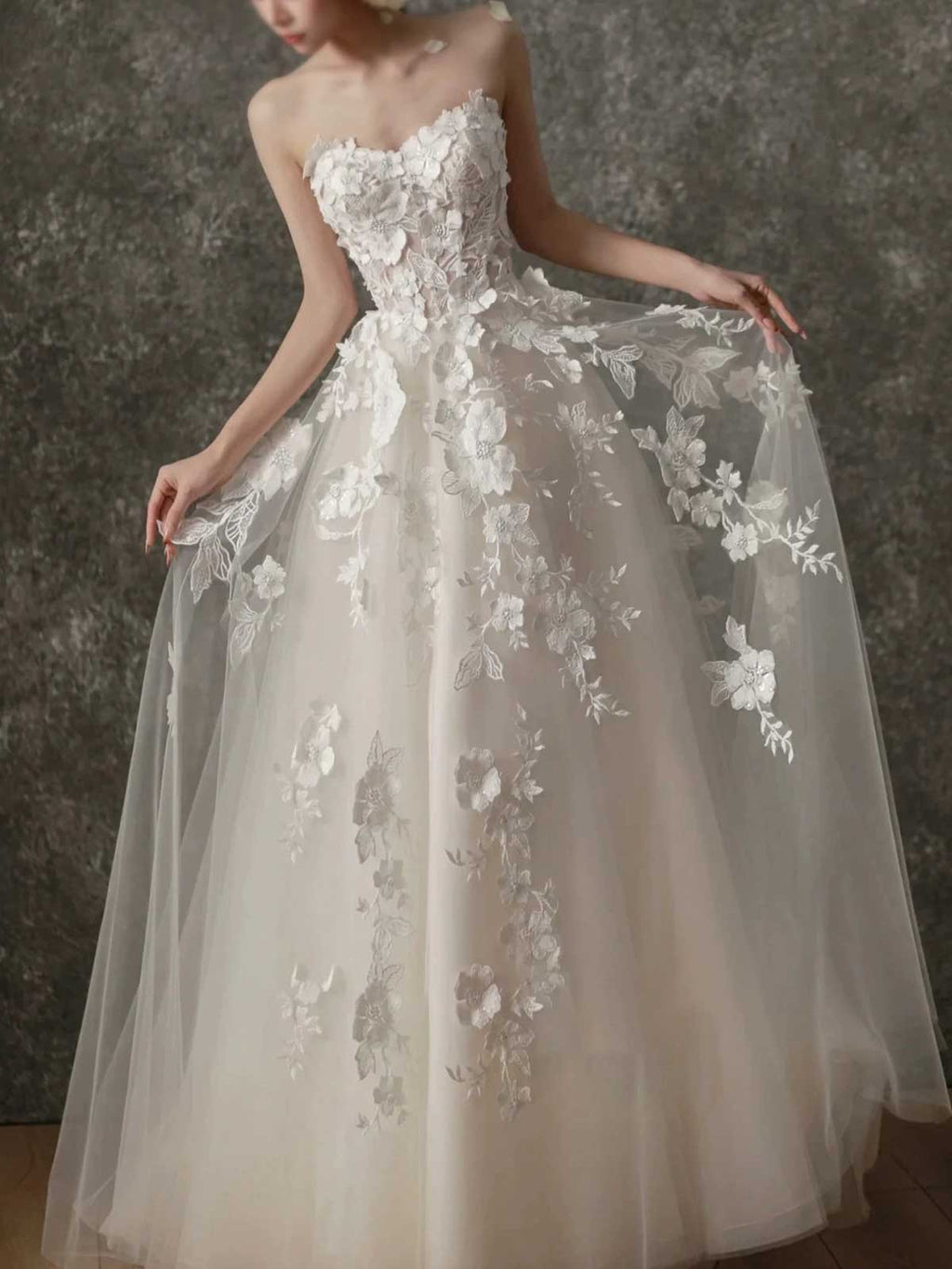 Champagne White 3D Floral Applique Strapless Tulle A-Line Wedding Dress