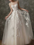 Champagne White 3D Floral Applique Strapless Tulle A-Line Wedding Dress