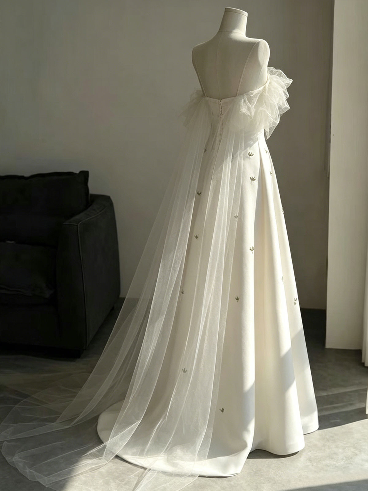 Strapless Tulle Ruffle Embroidered Satin A-Line Wedding Gown