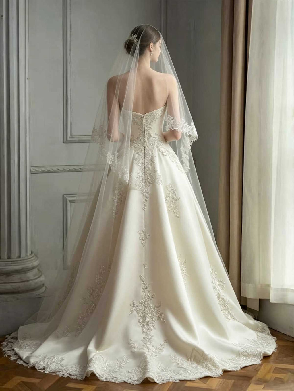 Champagne Gold Beaded Strapless Satin A-Line Wedding Dress with Veil
