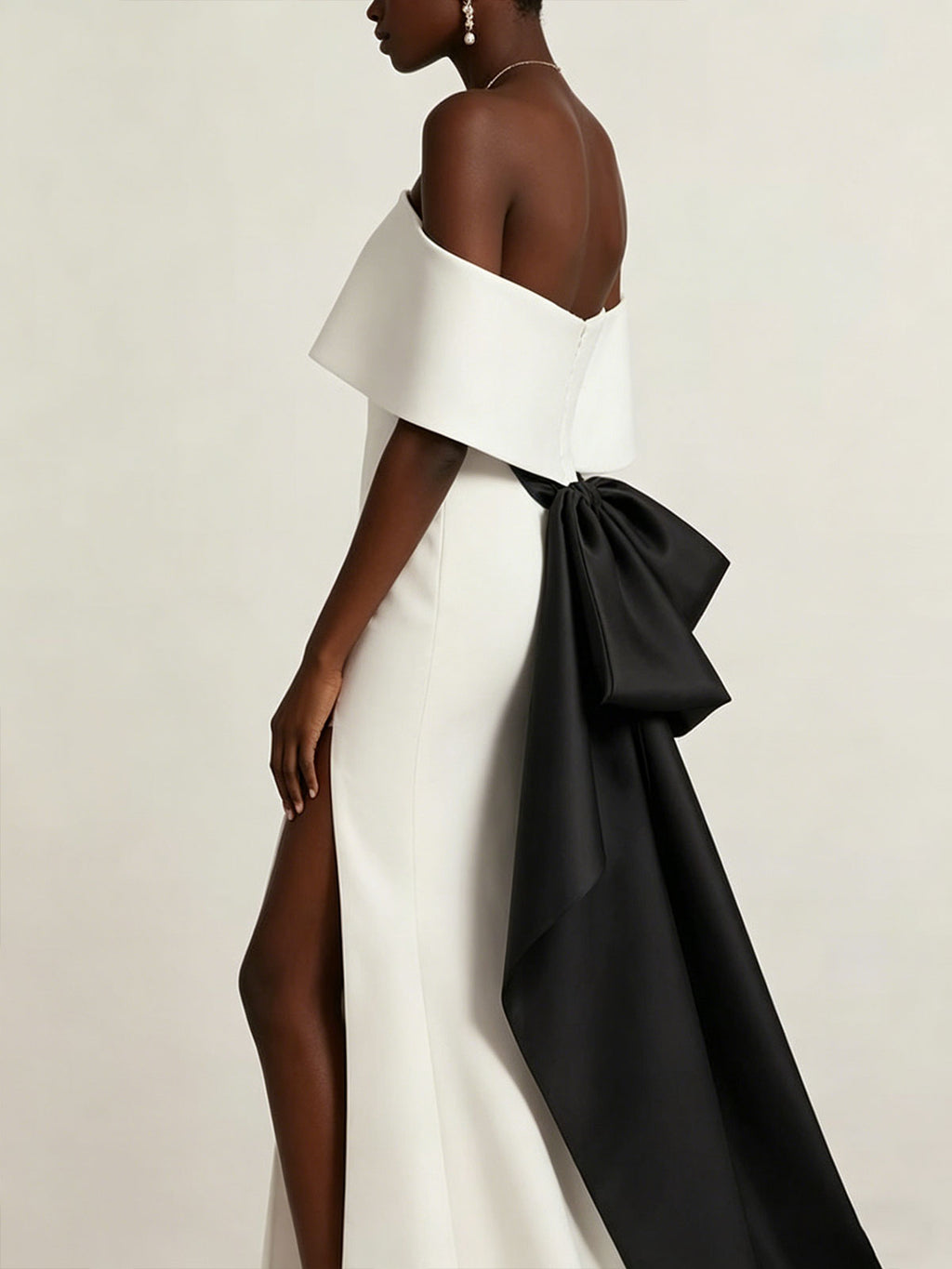 White Black Colorblock Off-the-Shoulder Satin High Slit Mermaid Evening Gown