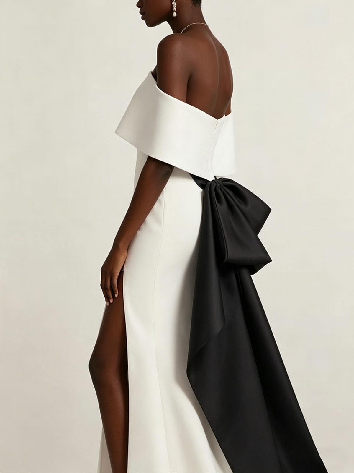 White Black Colorblock Off-the-Shoulder Satin High Slit Mermaid Evening Gown