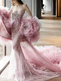 Strapless Pink Floral Tulle Glitter Mermaid Train Evening Gown