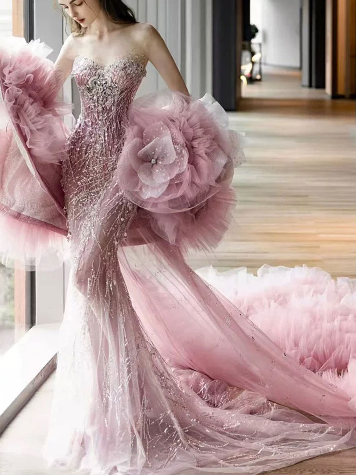 Strapless Pink Floral Tulle Glitter Mermaid Train Evening Gown