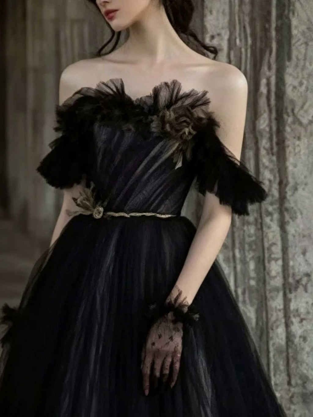 Black Off-the-Shoulder Tulle Evening Gown with Pleated Skirt
