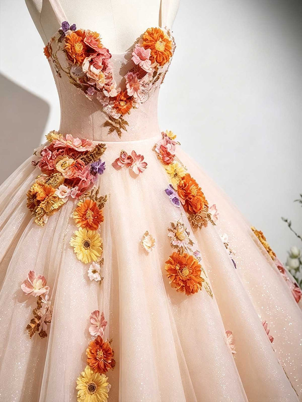 Peach Blush Strapless Ball Gown with 3D Floral Appliqués & Glitter Tulle