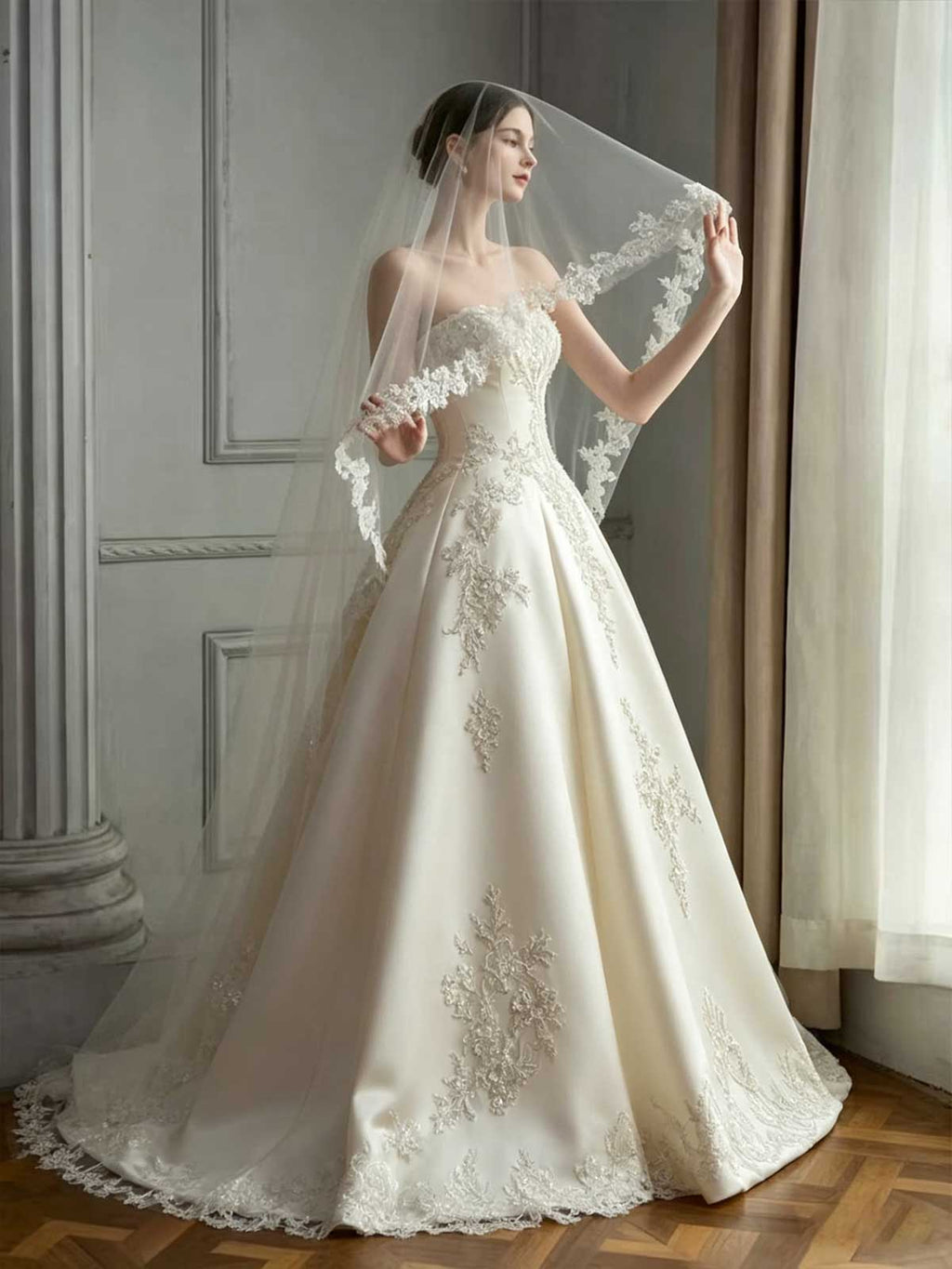 Champagne Gold Beaded Strapless Satin A-Line Wedding Dress with Veil