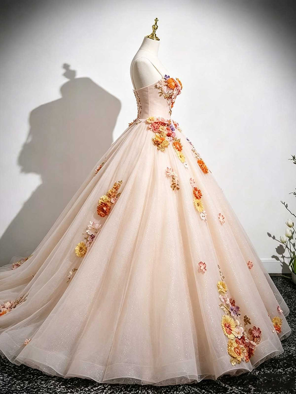 Peach Blush Strapless Ball Gown with 3D Floral Appliqués & Glitter Tulle