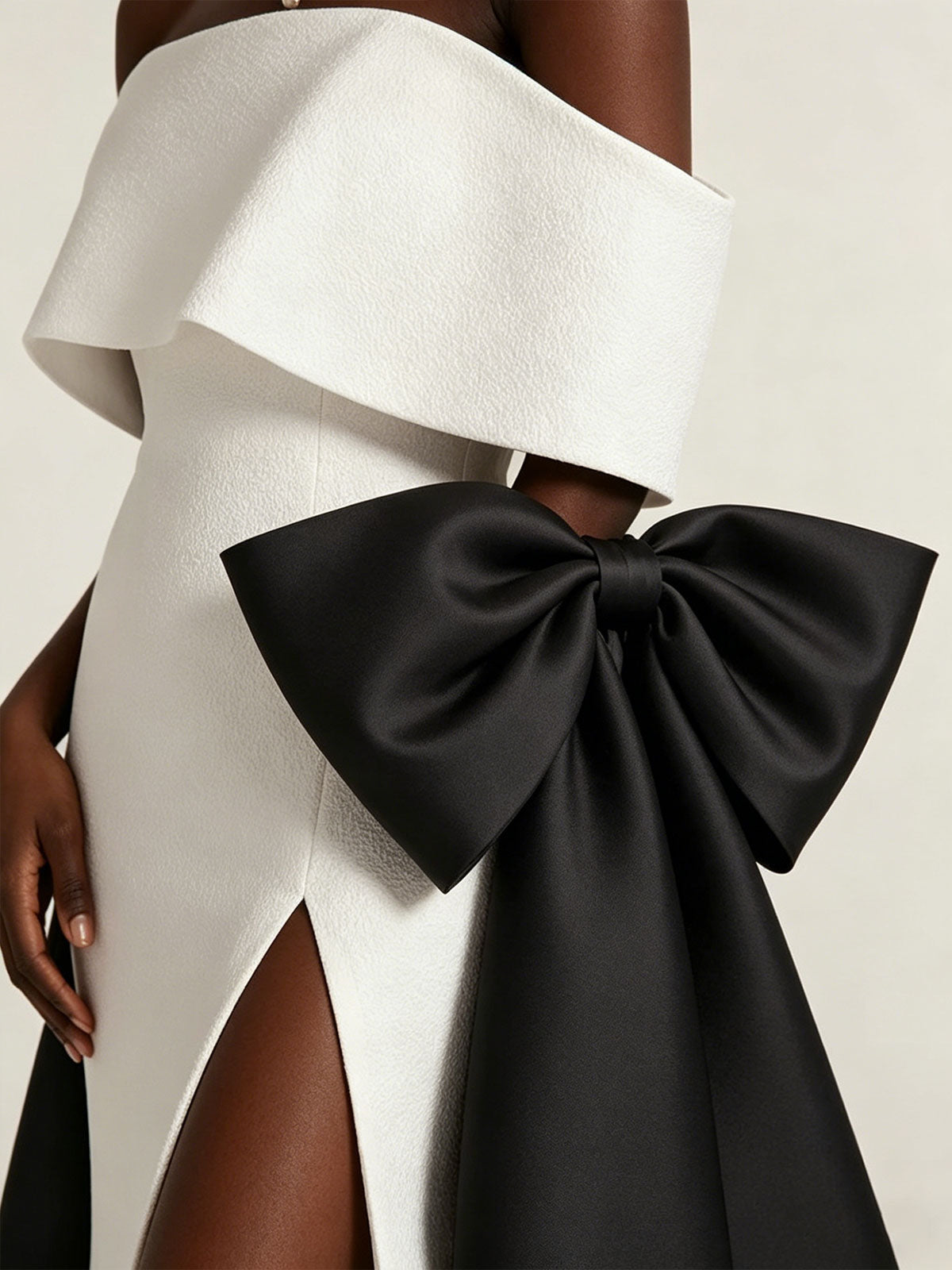 White Black Colorblock Off-the-Shoulder Satin High Slit Mermaid Evening Gown