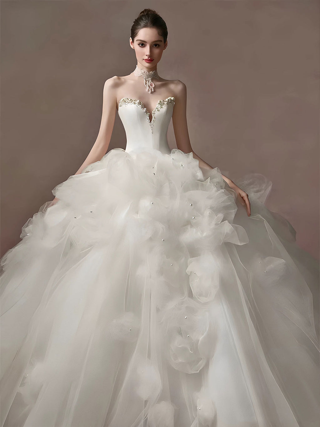 Strapless White Petal Tulle Ball Gown Wedding Dress