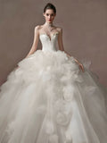 Strapless White Petal Tulle Ball Gown Wedding Dress