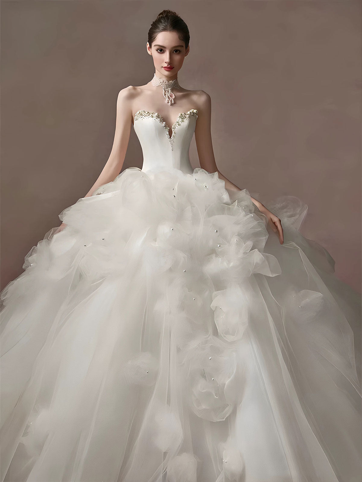 Strapless White Petal Tulle Ball Gown Wedding Dress