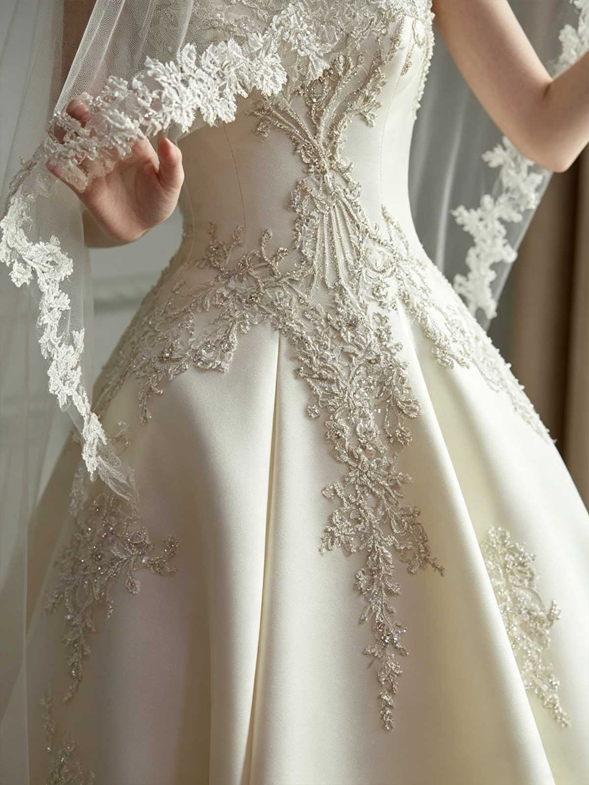 Champagne Gold Beaded Strapless Satin A-Line Wedding Dress with Veil