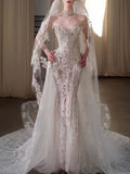 Strapless Lace Beaded Sheer Mermaid Veil Wedding Dress