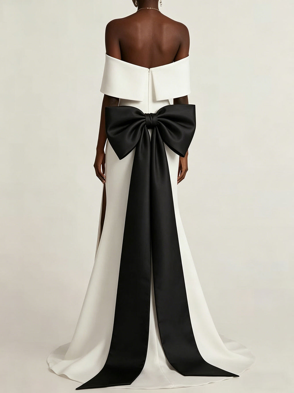 White Black Colorblock Off-the-Shoulder Satin High Slit Mermaid Evening Gown