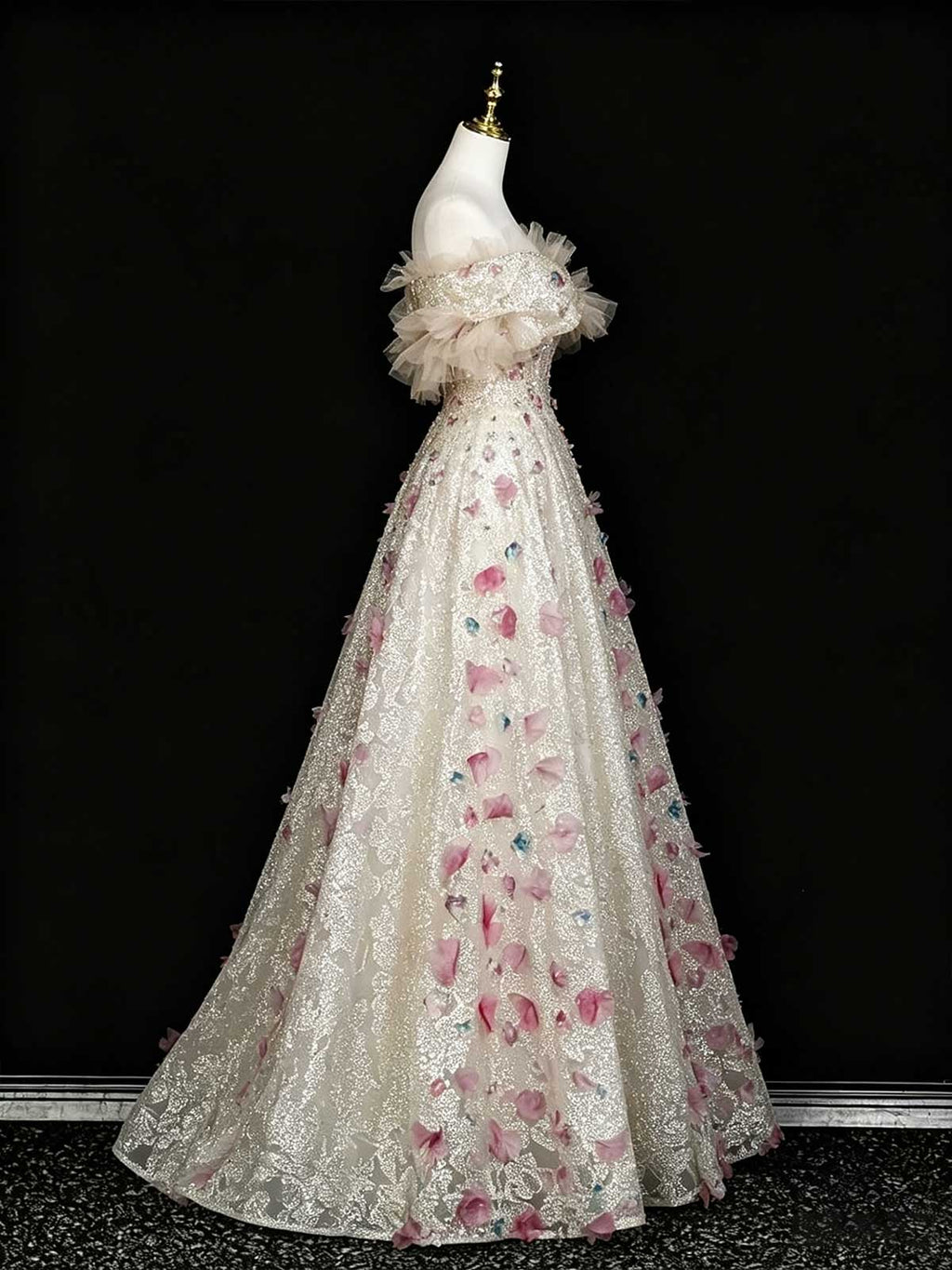 Champagne Off-the-Shoulder Evening Gown with 3D Floral Appliqués