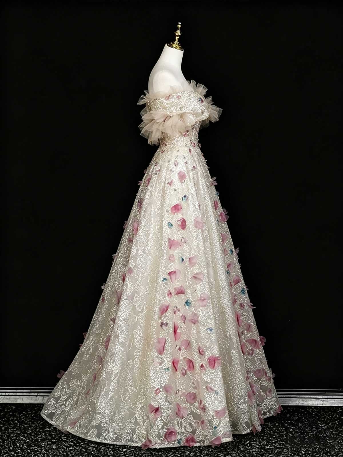 Champagne Off-the-Shoulder Evening Gown with 3D Floral Appliqués
