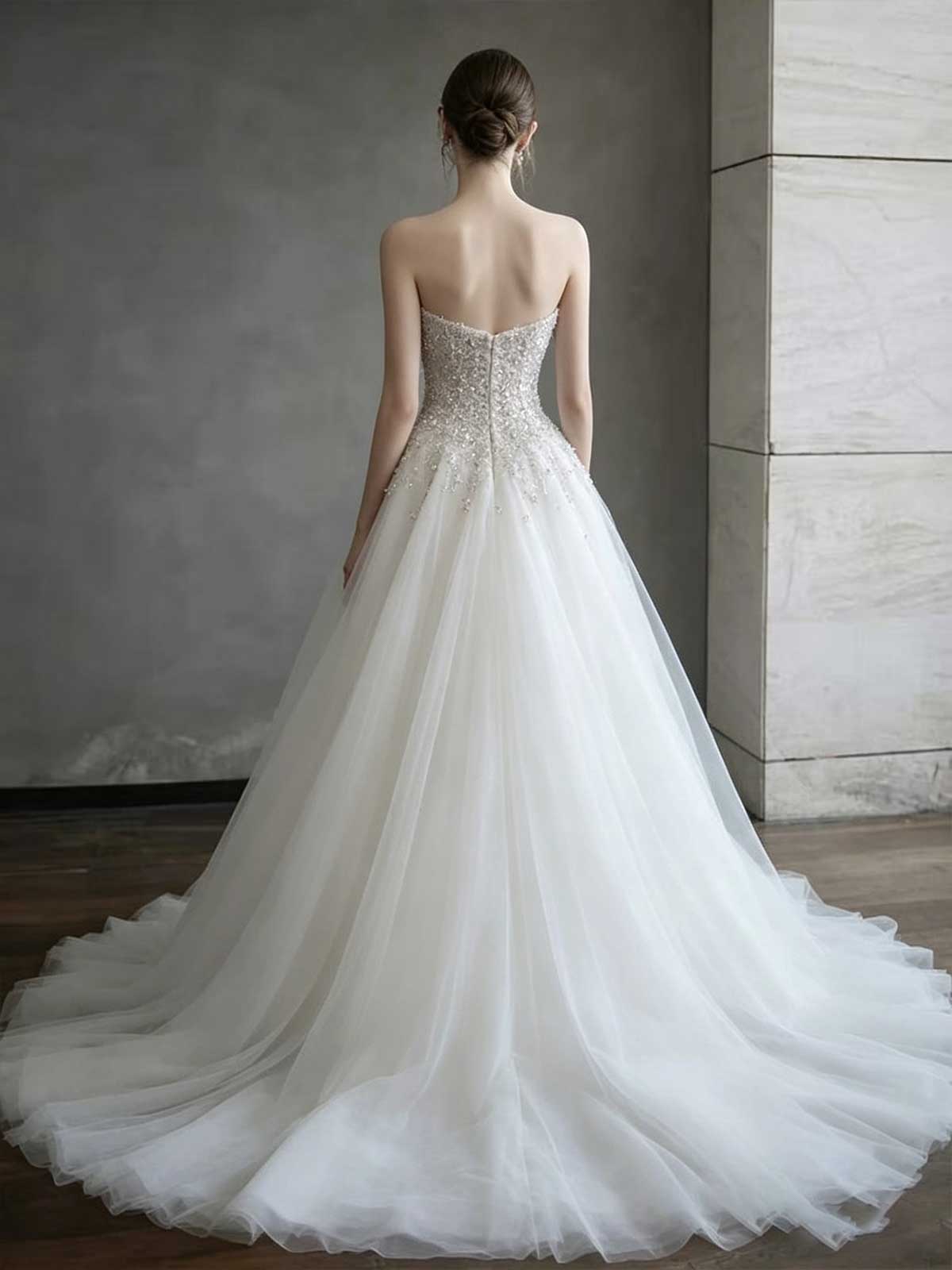Ivory Beaded Strapless Tulle A-Line Wedding Dress with Veil