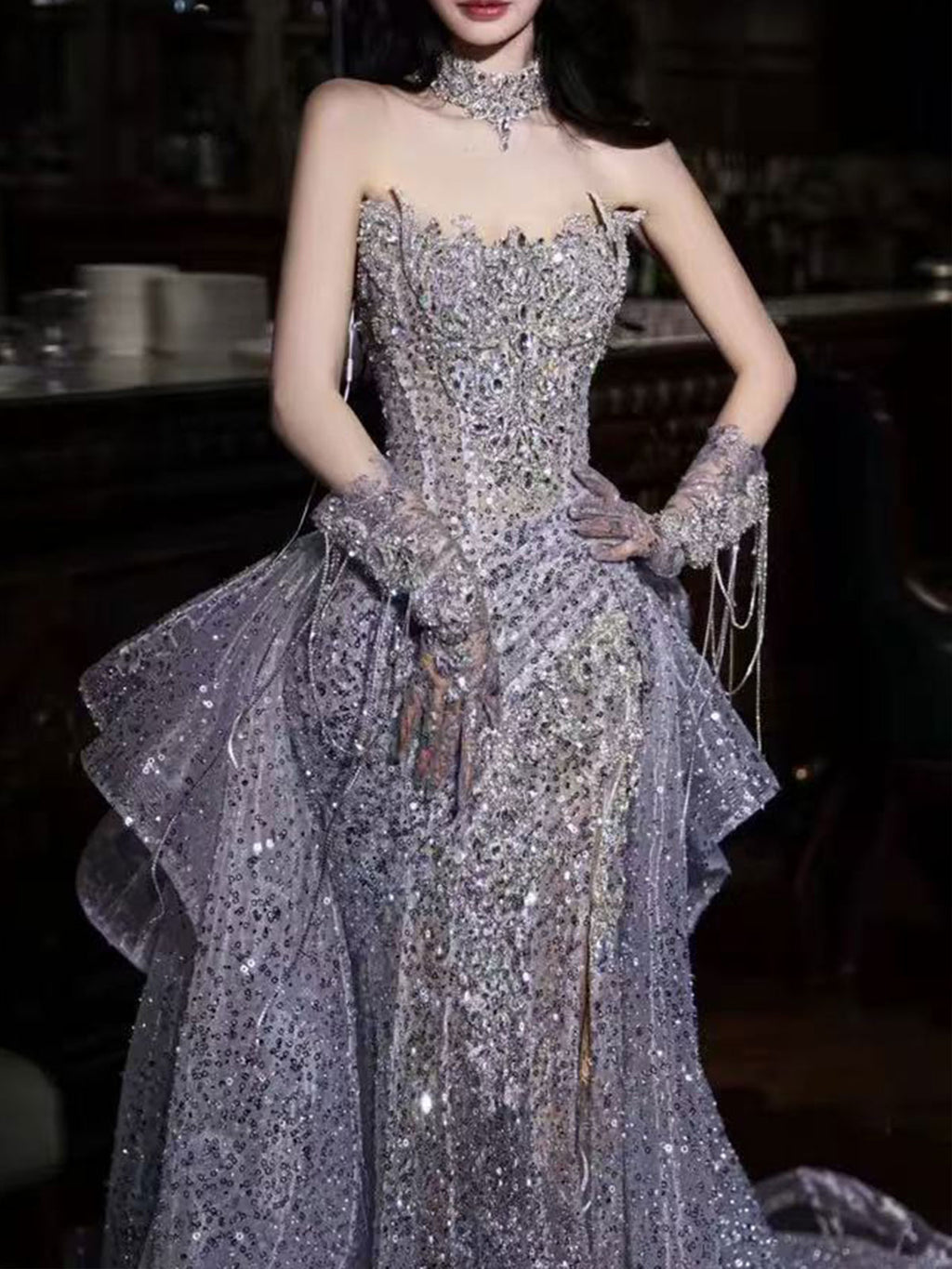 Strapless Grey Rhinestone Ruffle High Slit Formal Evening Gown