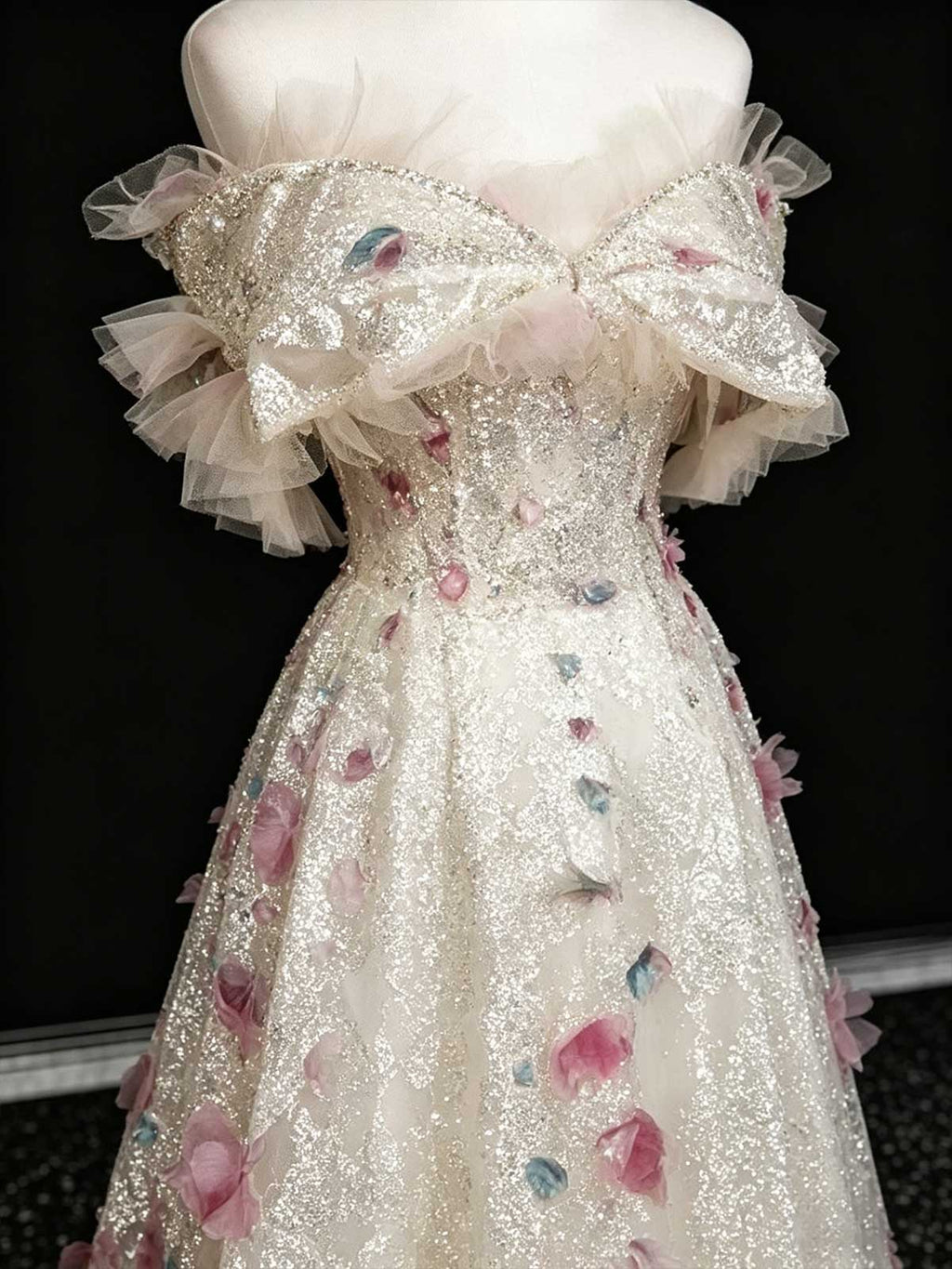 Champagne Off-the-Shoulder Evening Gown with 3D Floral Appliqués