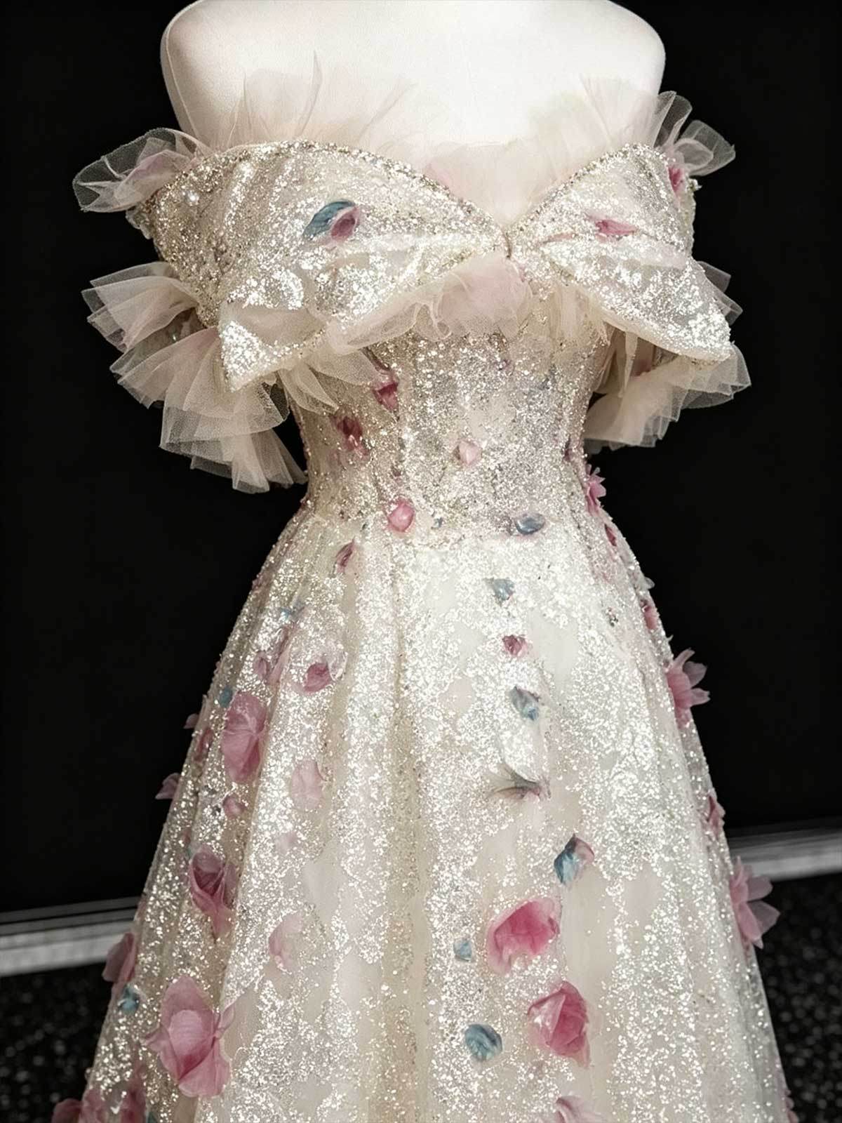 Champagne Off-the-Shoulder Evening Gown with 3D Floral Appliqués