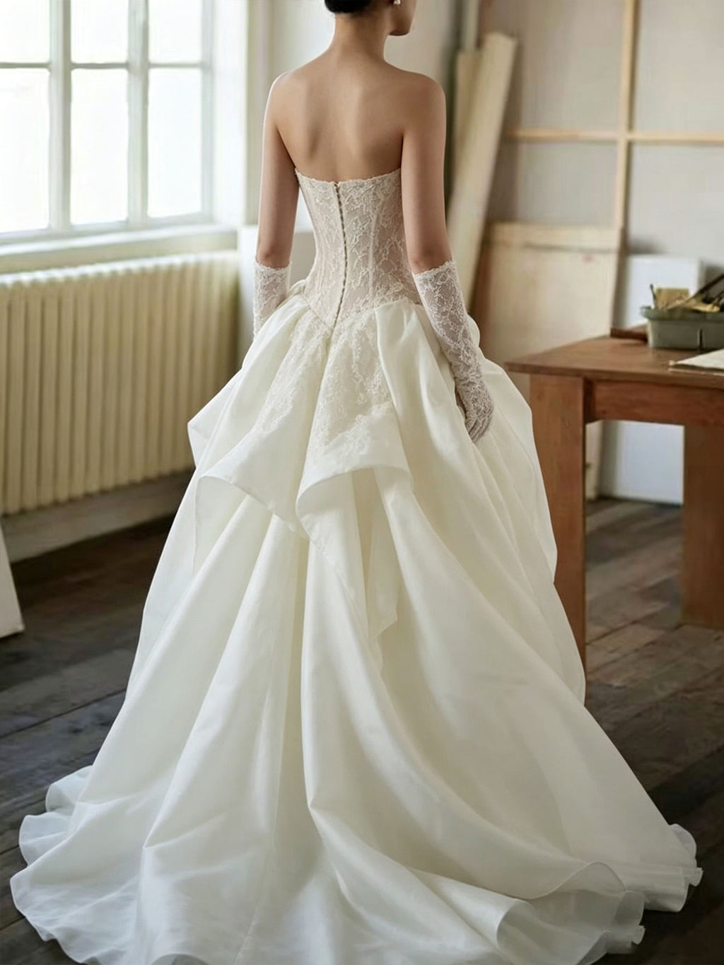 Ivory Lace Strapless Satin Ball Gown Wedding Dress with Gloves
