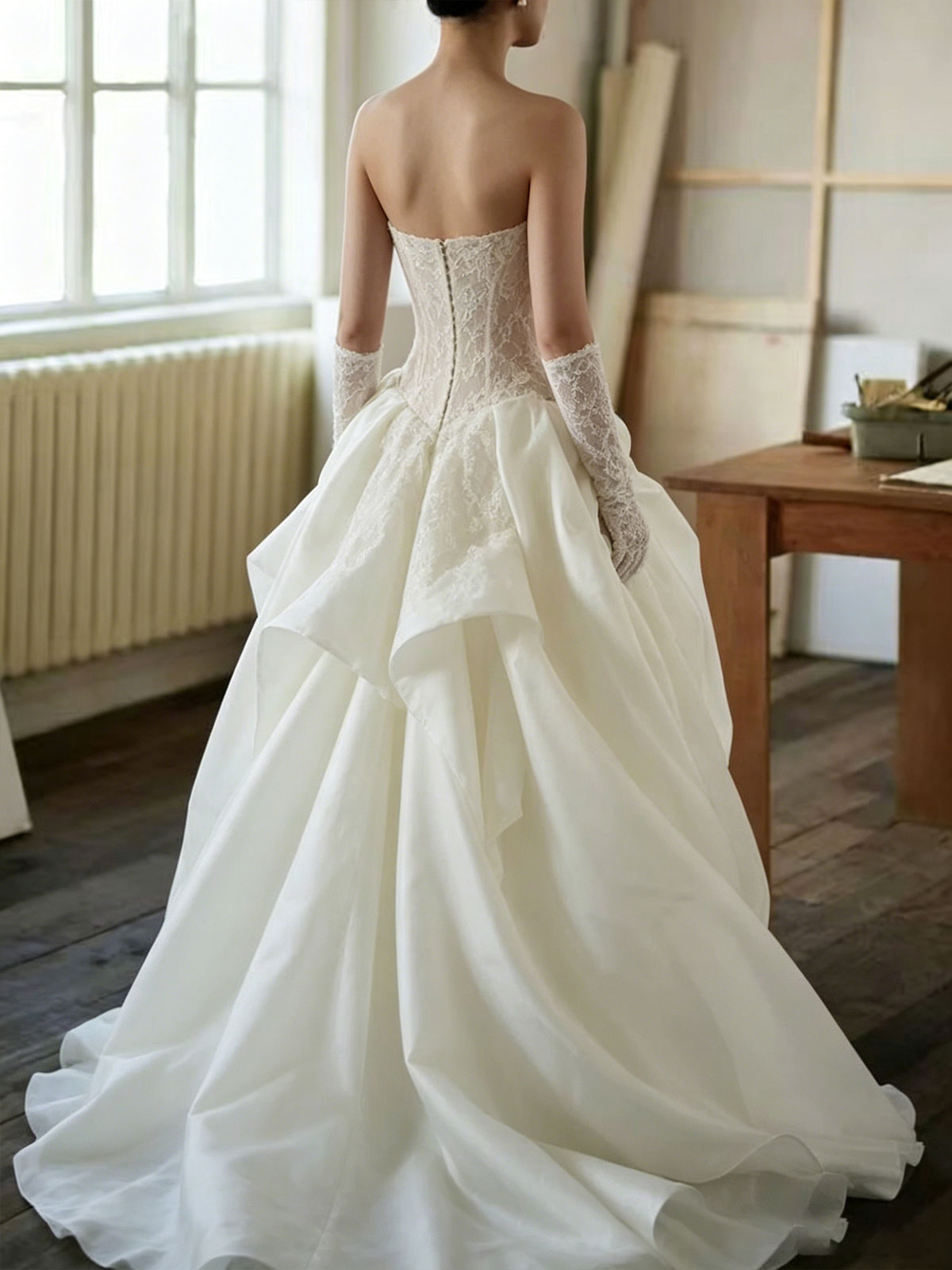Ivory Lace Strapless Satin Ball Gown Wedding Dress with Gloves