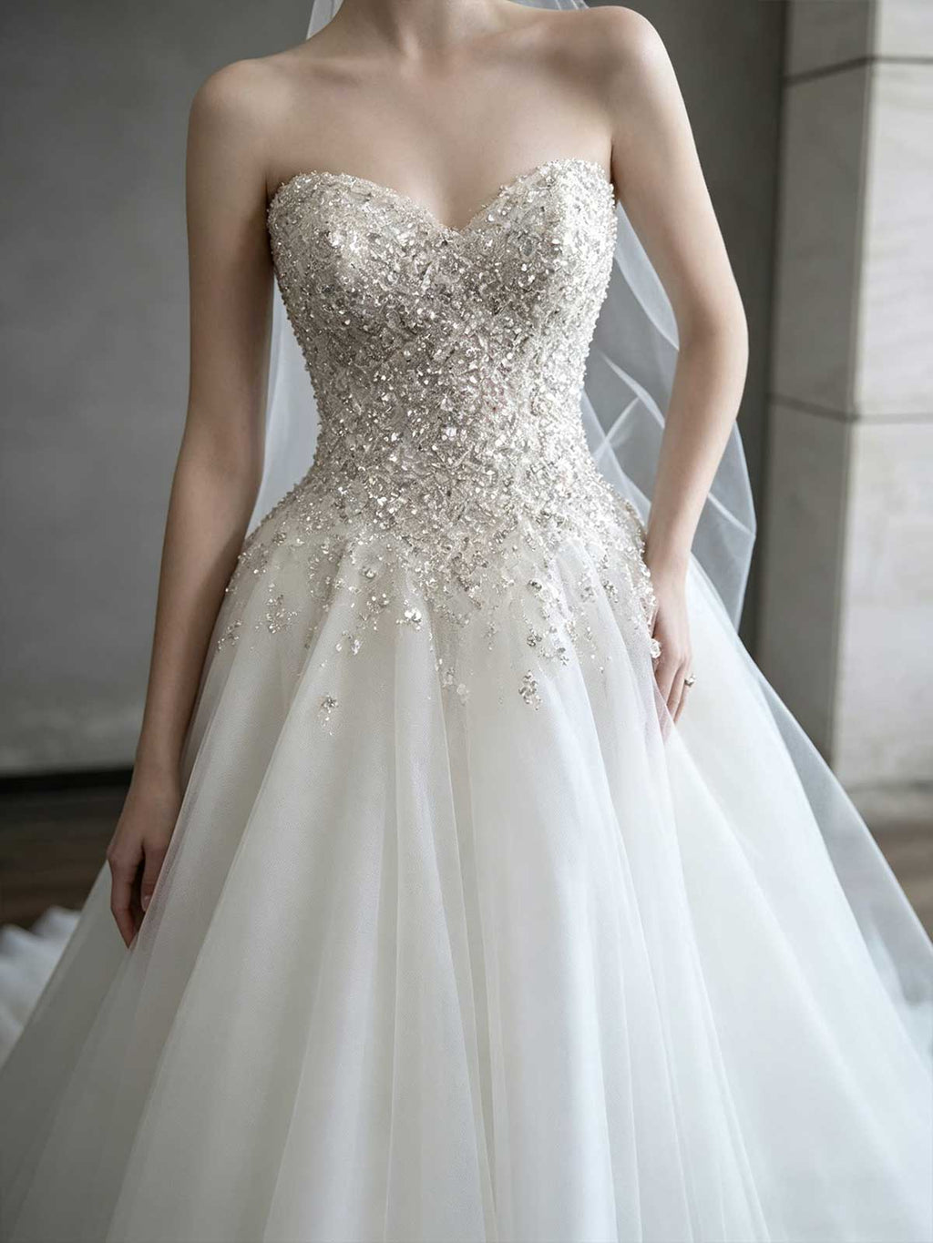 Ivory Beaded Strapless Tulle A-Line Wedding Dress with Veil