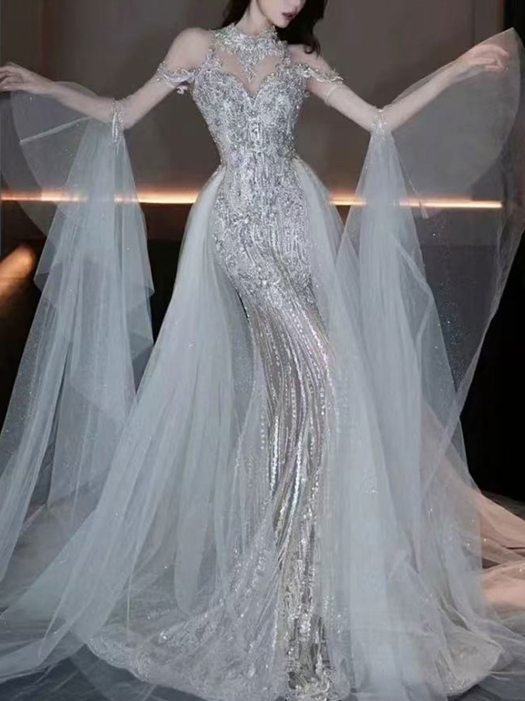 Halter Off Shoulder Floating Tulle Sequin Mermaid Evening Gown