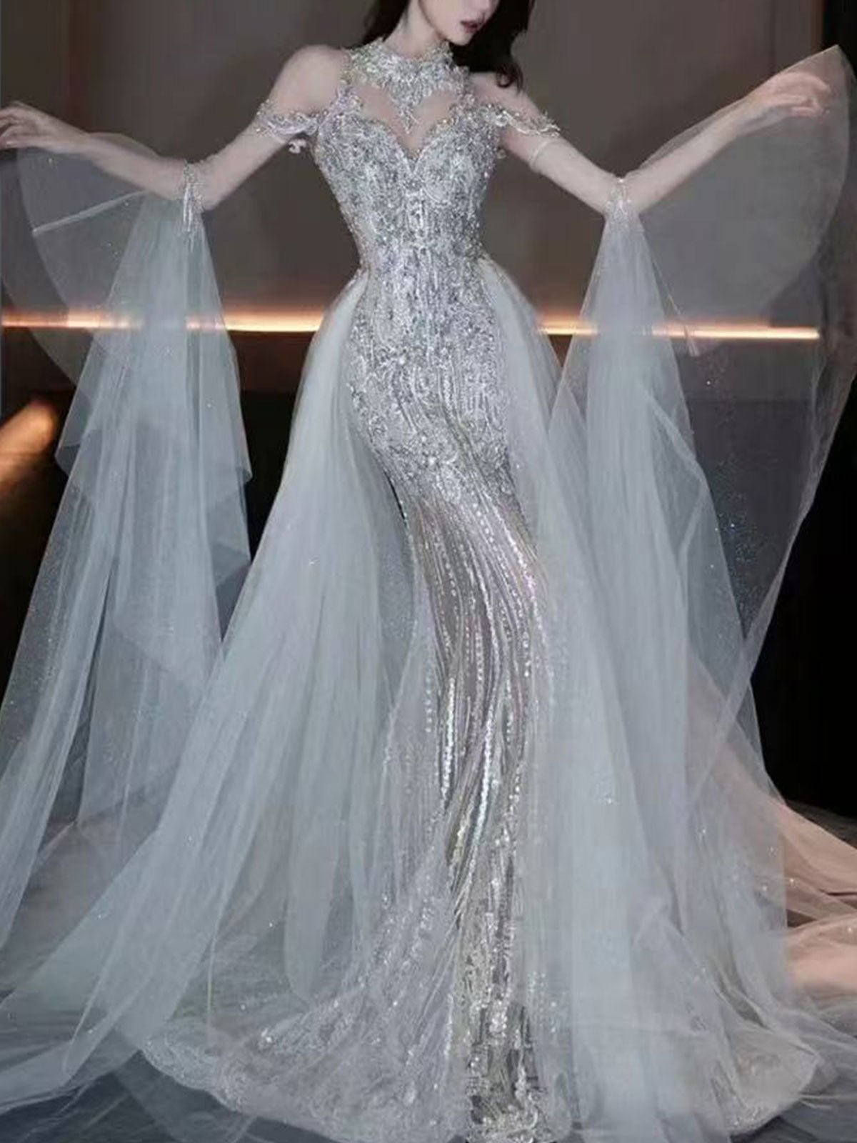 Halter Off Shoulder Floating Tulle Sequin Mermaid Evening Gown