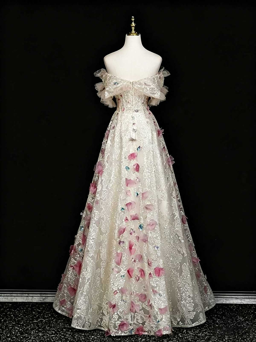 Champagne Off-the-Shoulder Evening Gown with 3D Floral Appliqués