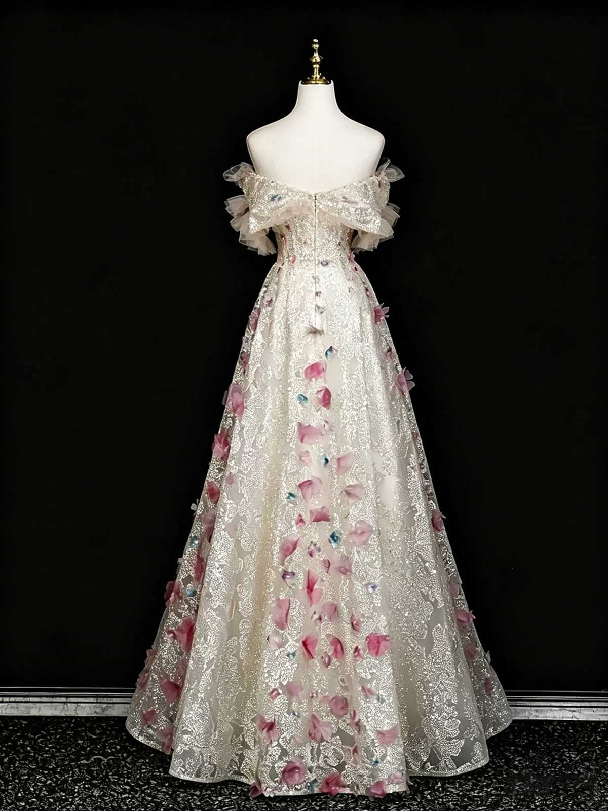 Champagne Off-the-Shoulder Evening Gown with 3D Floral Appliqués
